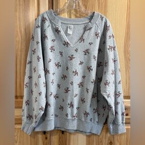 Urban Rebel Cozy Heather Gray Notched V-Neck Sweatshirt Pink Floral Print Sz L